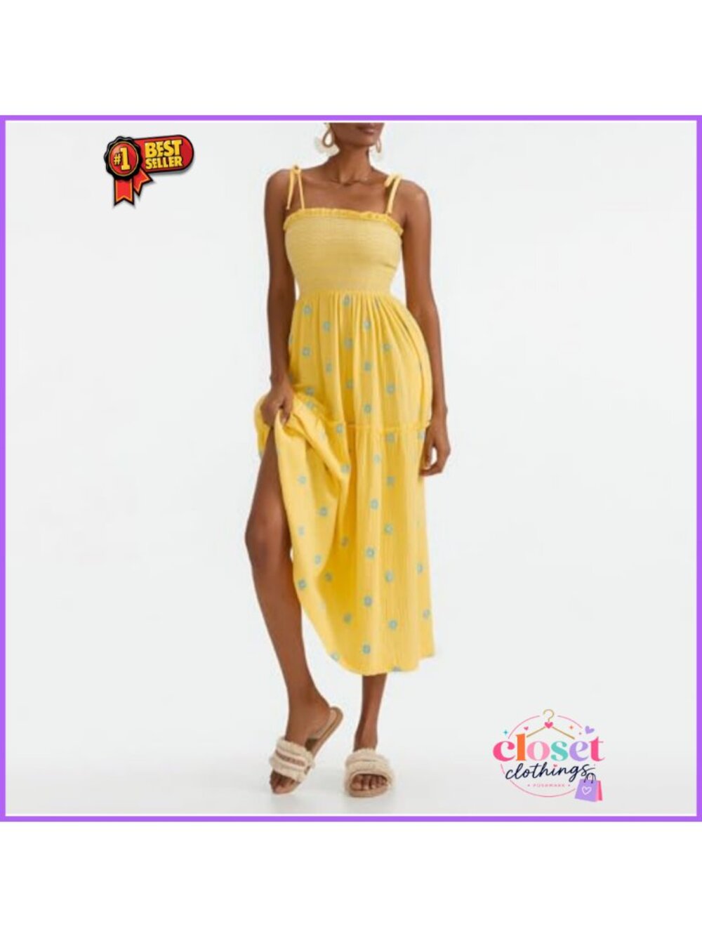 Floral Embroidered Smocked Maxi Dress Sleeveless Tie Shoulder Flowy Boho - Picture 2 of 5